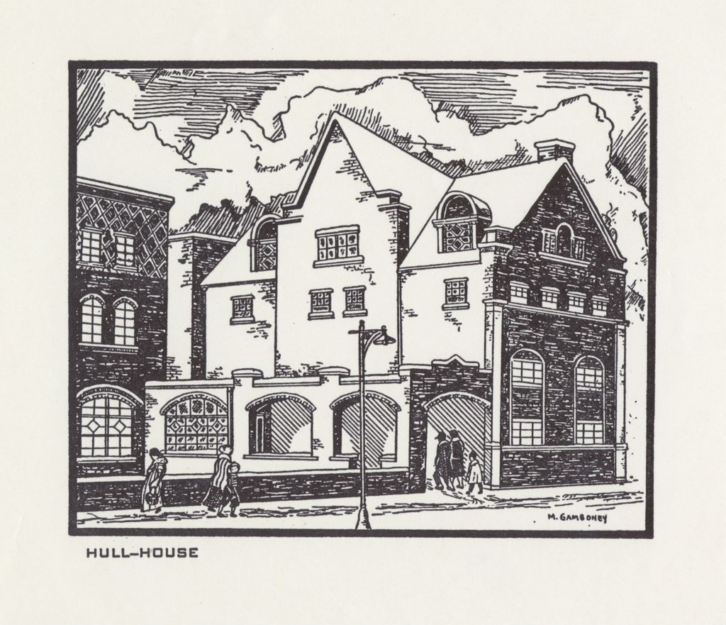 Drawing of main entrance to Hull-House and Smith (Children's) Building
