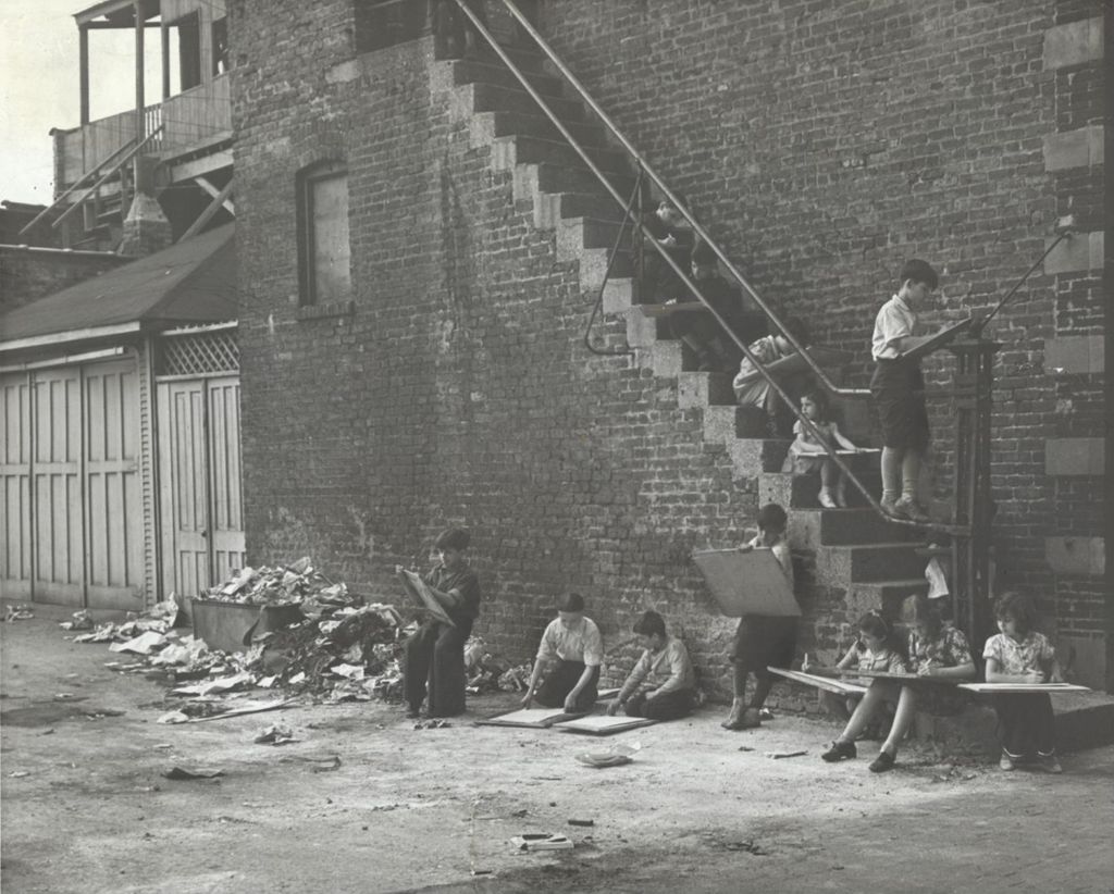 Miniature of Children drawing in garbage strewn alley