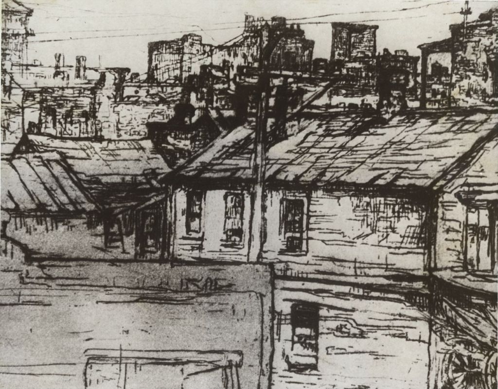 Cropped version of Norah Hamilton drawing "A View from Hull-House Window"