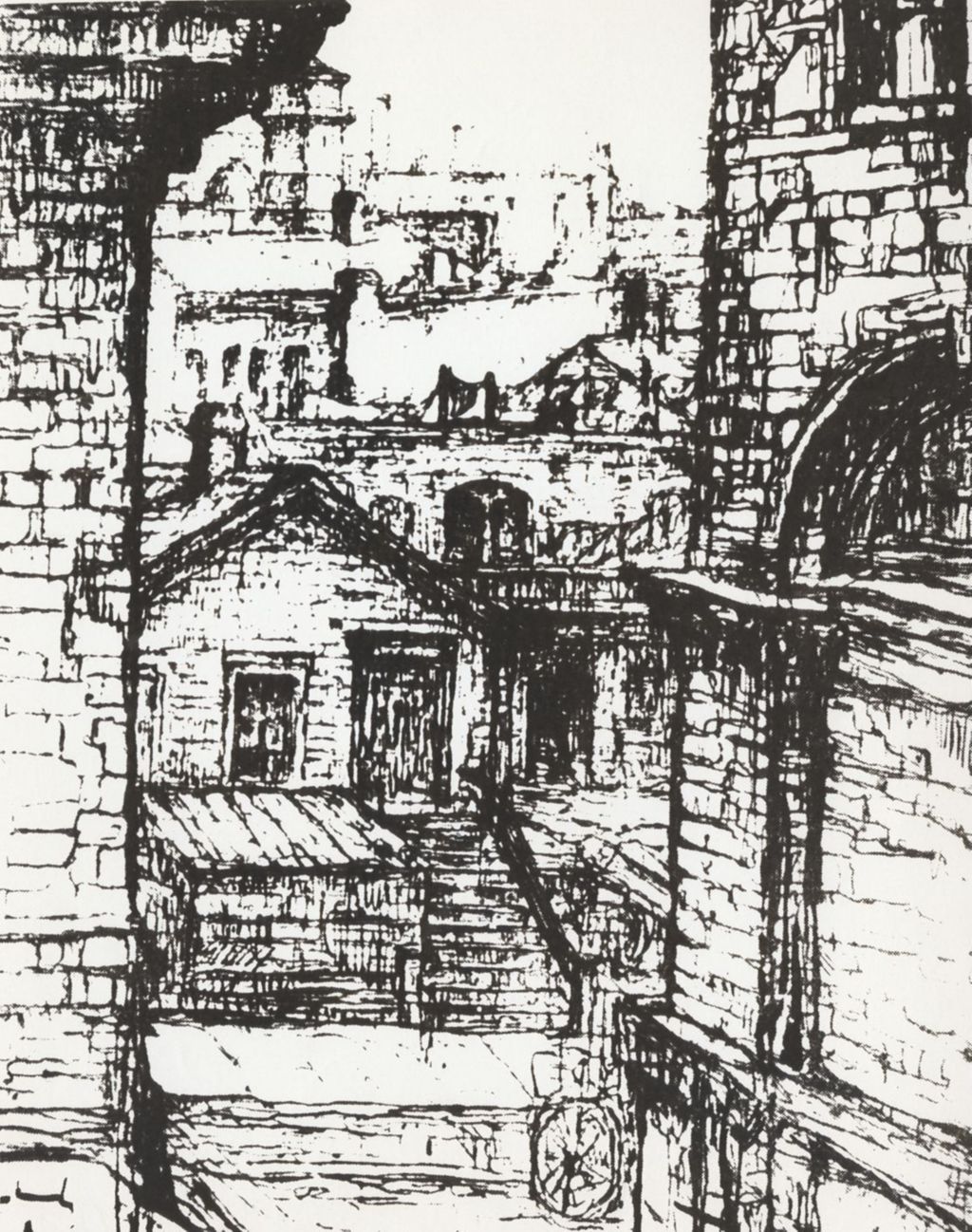Norah Hamilton drawing "A View between Hull-House Gymnasium and Theater"