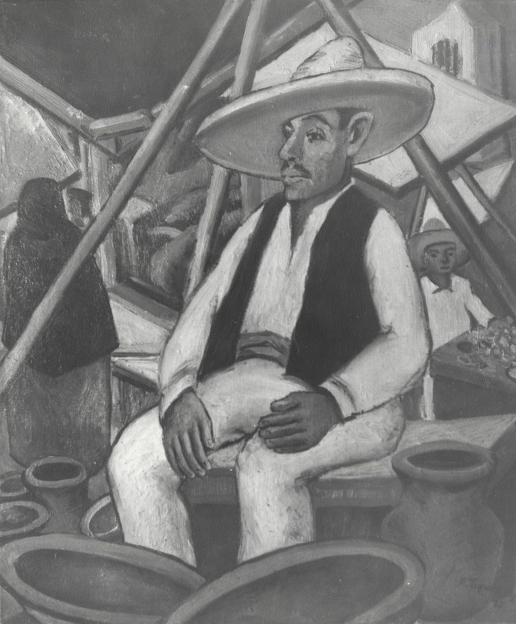 Miniature of Morris Topchevsky drawing of Mexican man selling pots at market