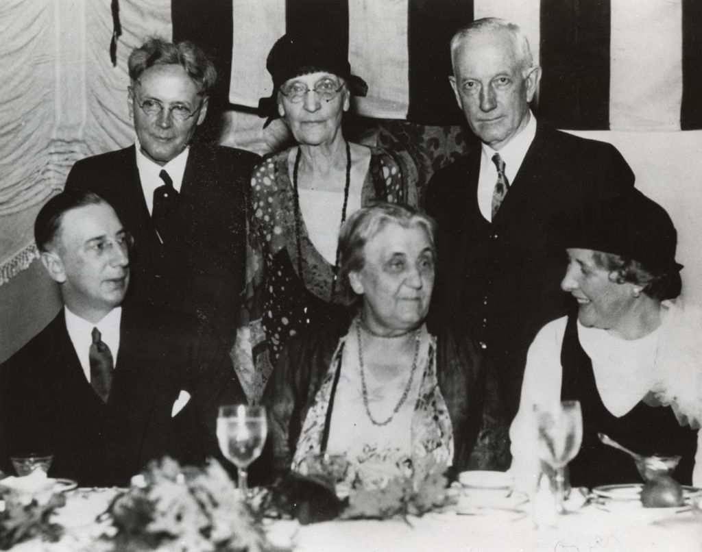 Several Swedish American Women's Clubs Gave A Luncheon at the Drake Hotel, Chicago, on October 16 or 17, 1932. At which, Jane Addams was the Guest of Honor. Seated Left to Right: C. Lundquist (Consul of Sweden), Jane Addams (Guest of Honor), Mrs. Charles Rasberg. Standing: G.E.L. Johnson, Mrs. Othelia Myhrman, Olaf Bernts (Consul of Norway)