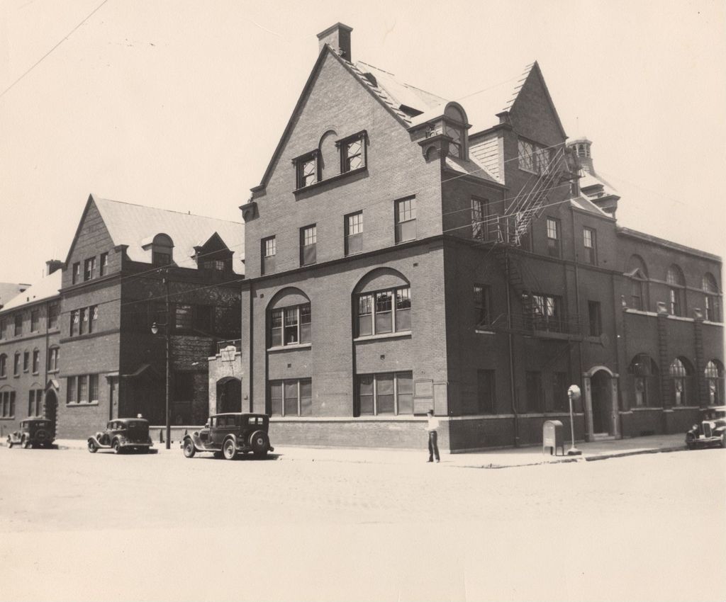 Exterior of Hull-House building complex looking south along Halsted Street