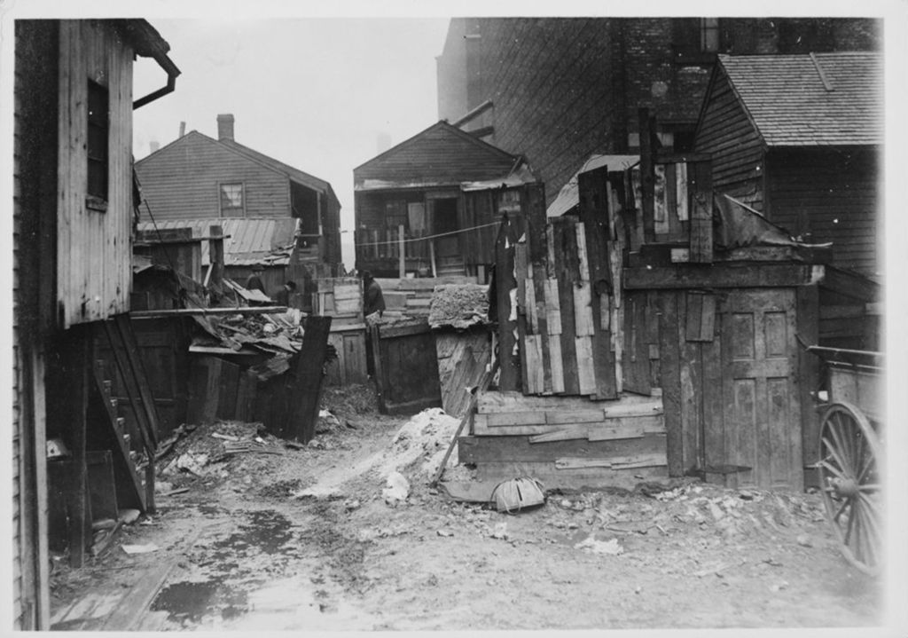 Exteriors of dilapidated housing in Hull-House neighborhood