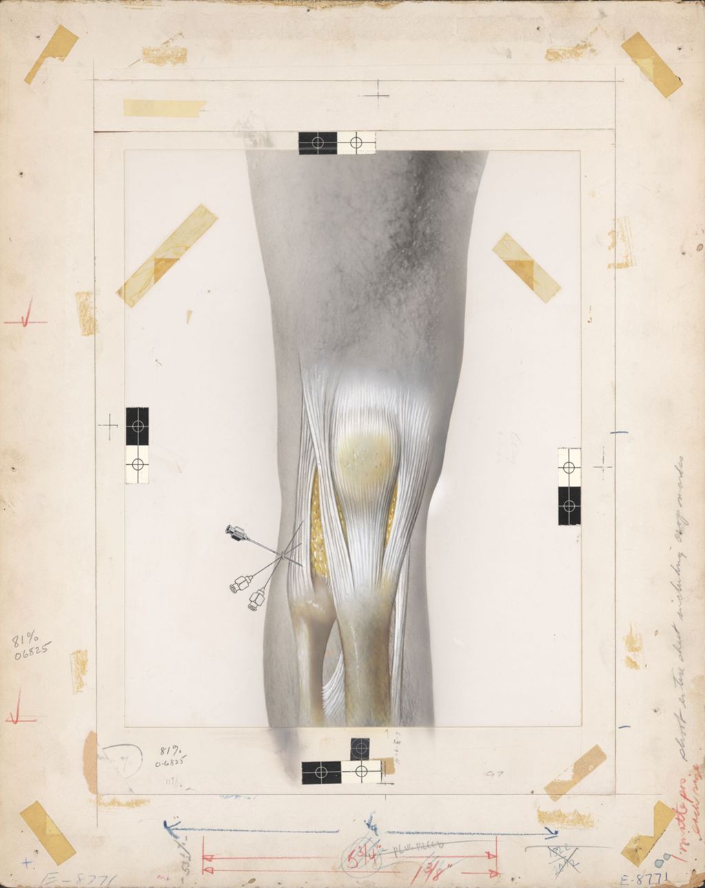 Miniature of Drawing on top of photograph of man's knee, showing needle insertion point in knee tendons