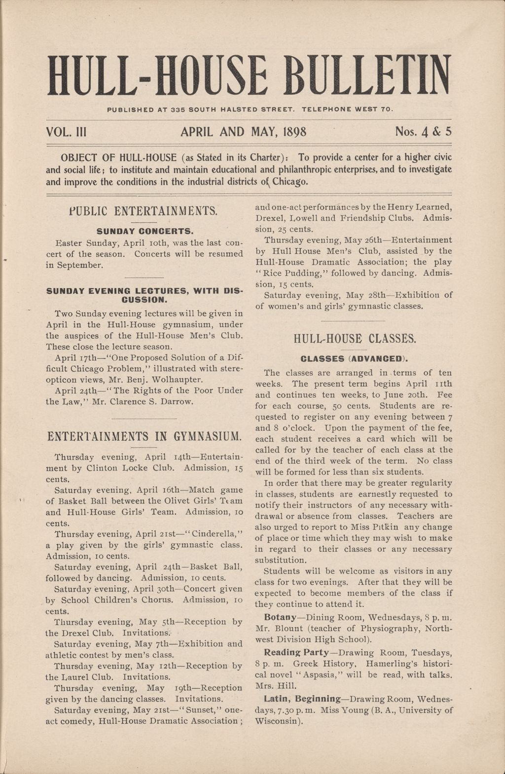 Hull-House Bulletin, vol. 3, no. 4-5, 1898: Apr.-May