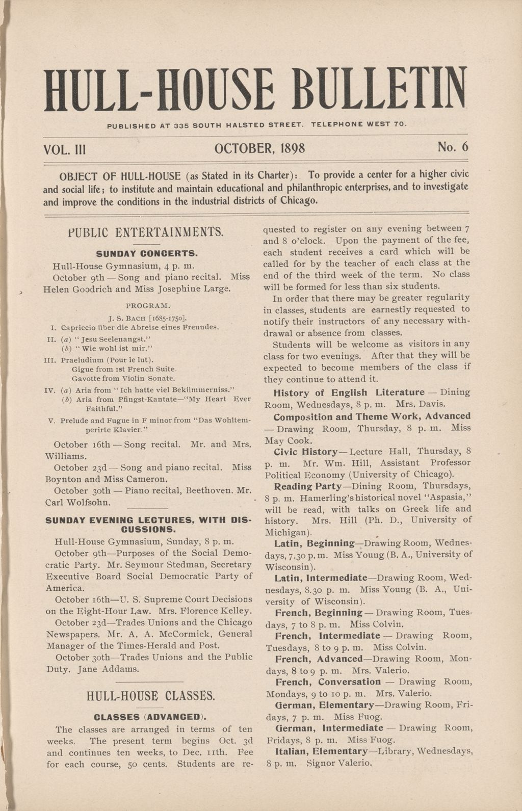 Miniature of Hull-House Bulletin, vol. 3, no. 6, 1898: Oct.