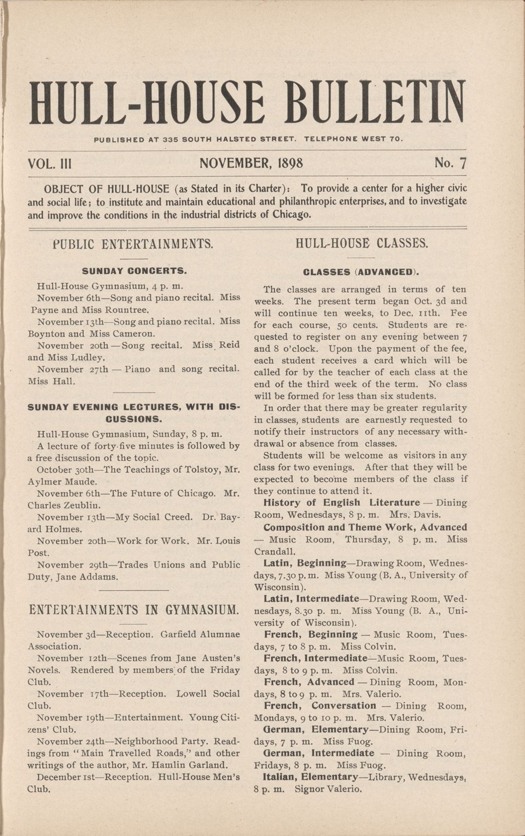 Hull-House Bulletin, vol. 3, no. 7, 1898: Nov.