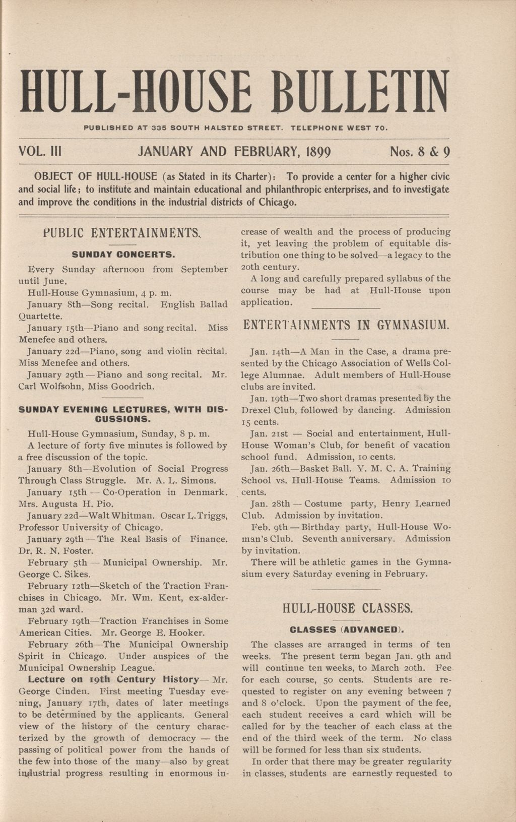 Hull-House Bulletin, vol. 3, no. 8-9, 1899: Jan.-Feb.