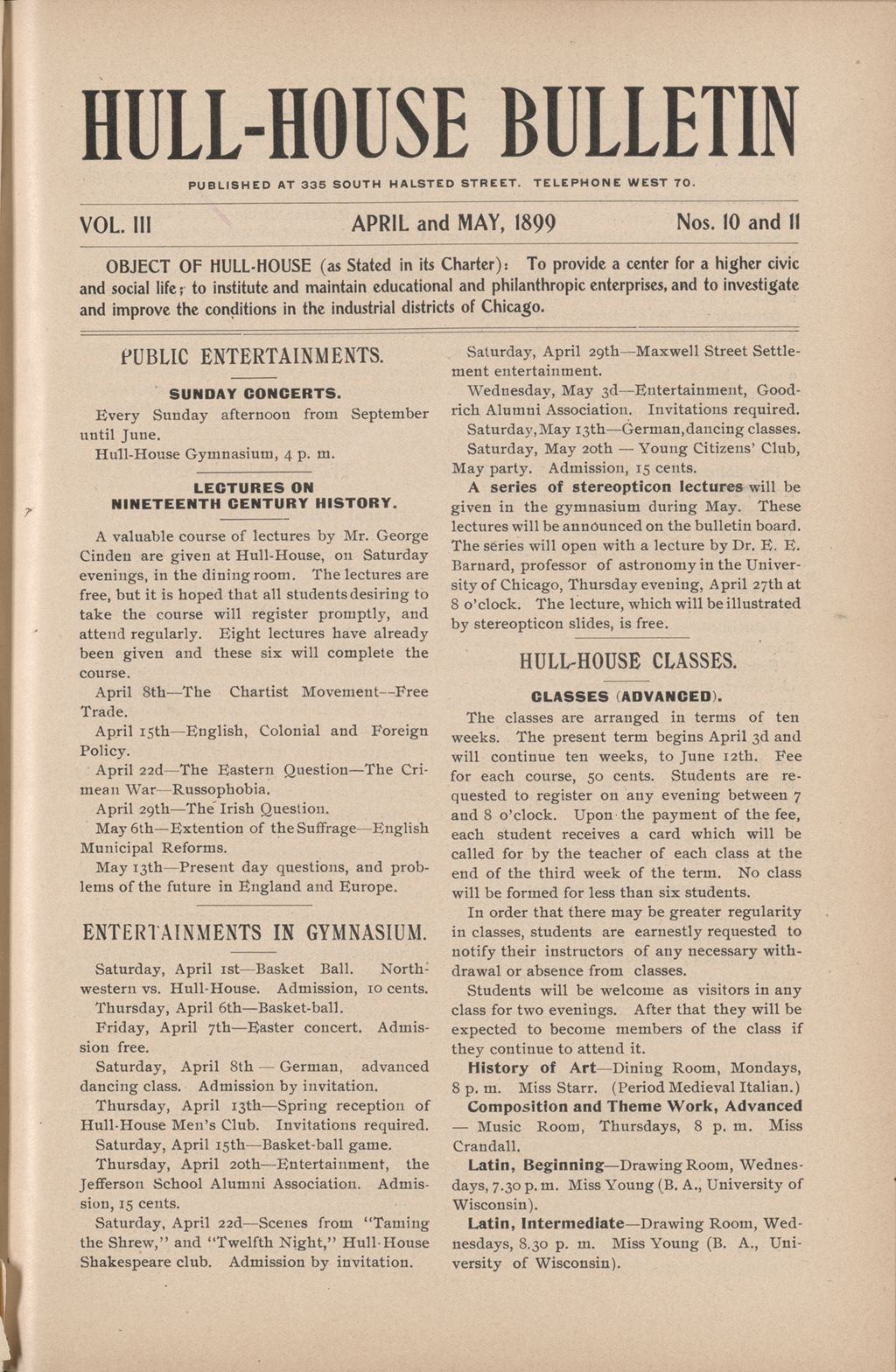 Hull-House Bulletin, vol. 3, no. 10-11, 1899: Apr.-May