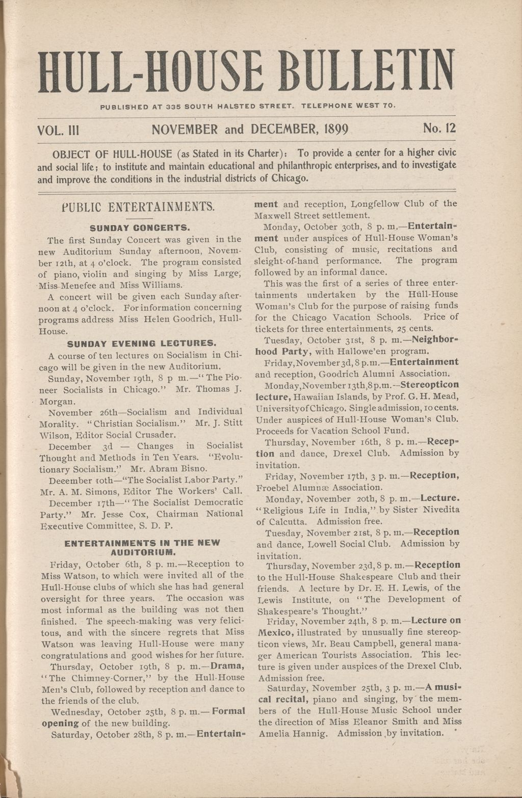 Hull-House Bulletin, vol. 3, no. 12, 1899: Nov.-Dec.