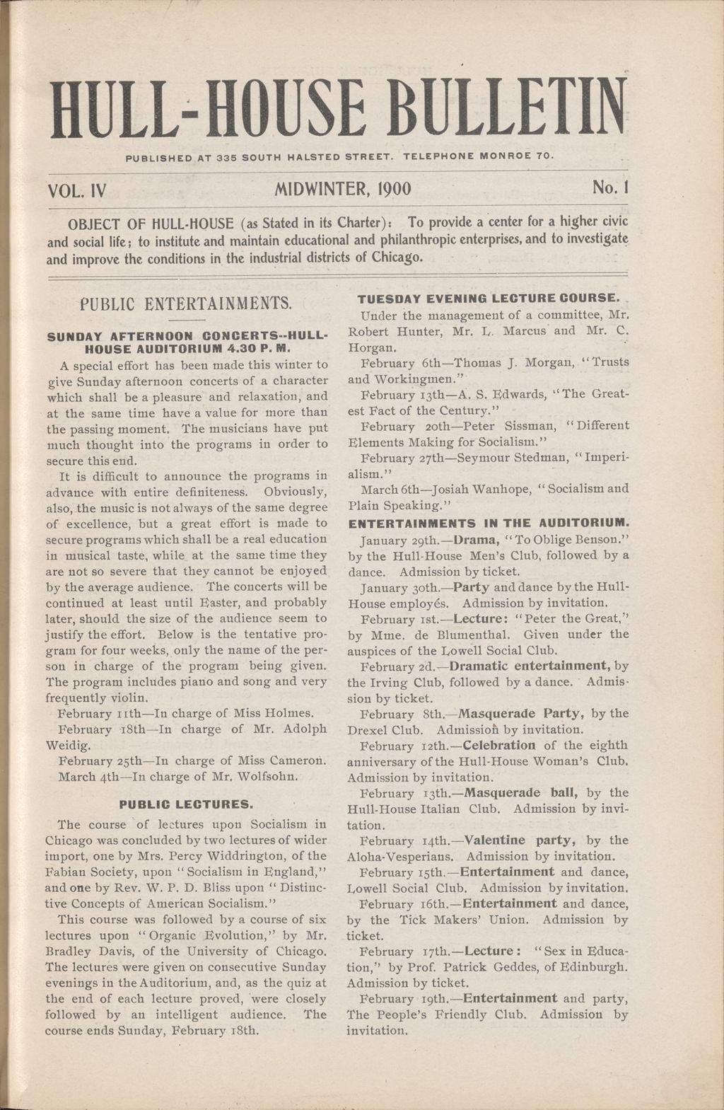 Hull-House Bulletin, vol. 4, no.1, 1900: midwinter