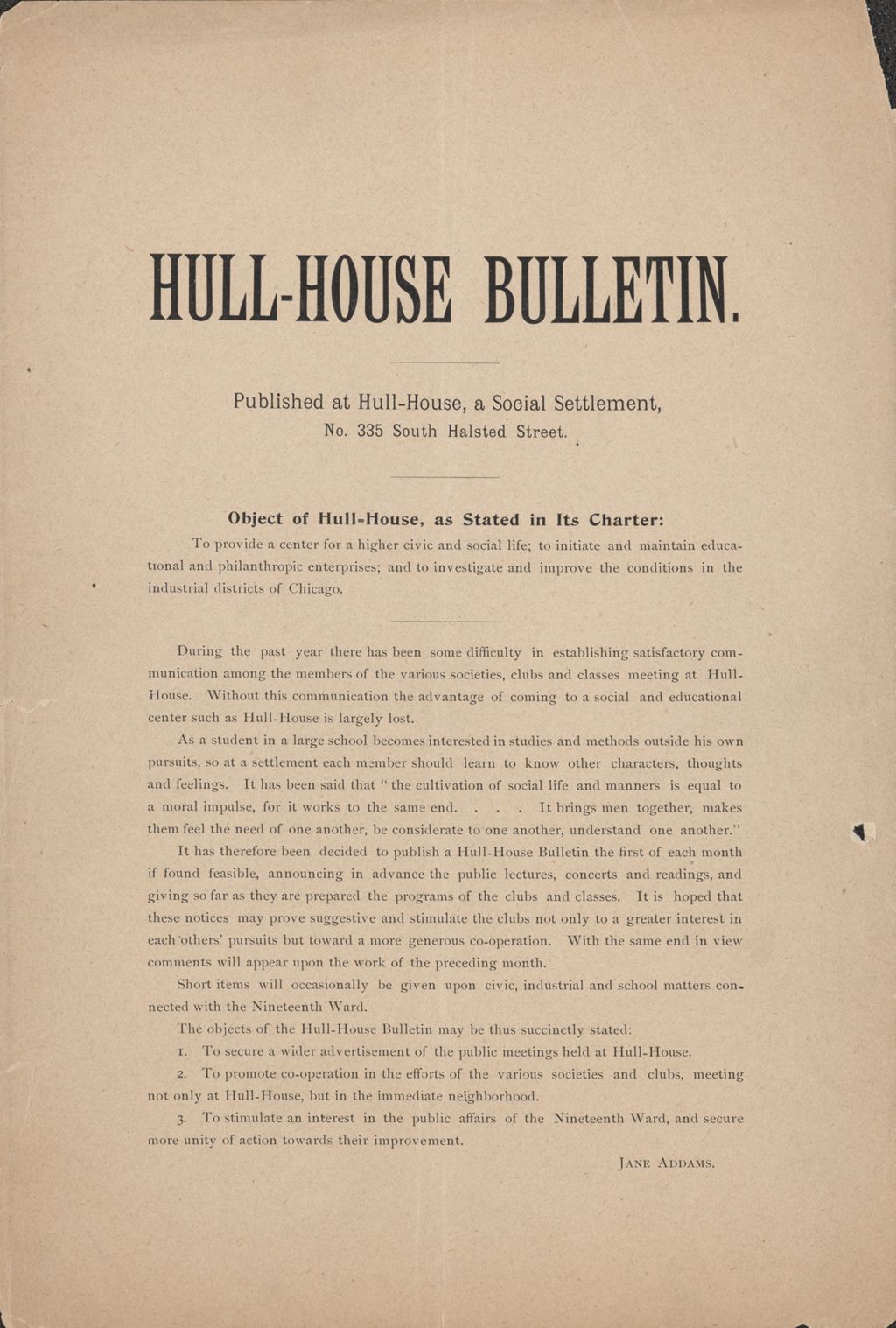 Hull-House Bulletin, vol. 1, no. 1, 1896: Jan.