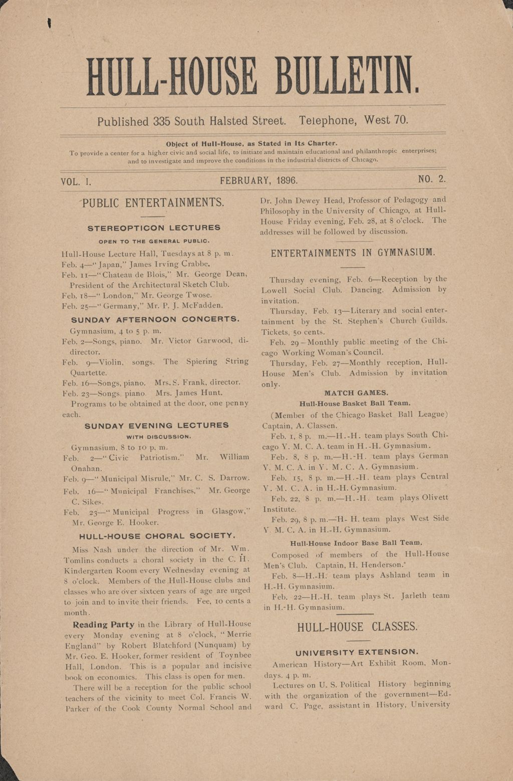 Hull-House Bulletin, vol. 1, no. 2, 1896: Feb.