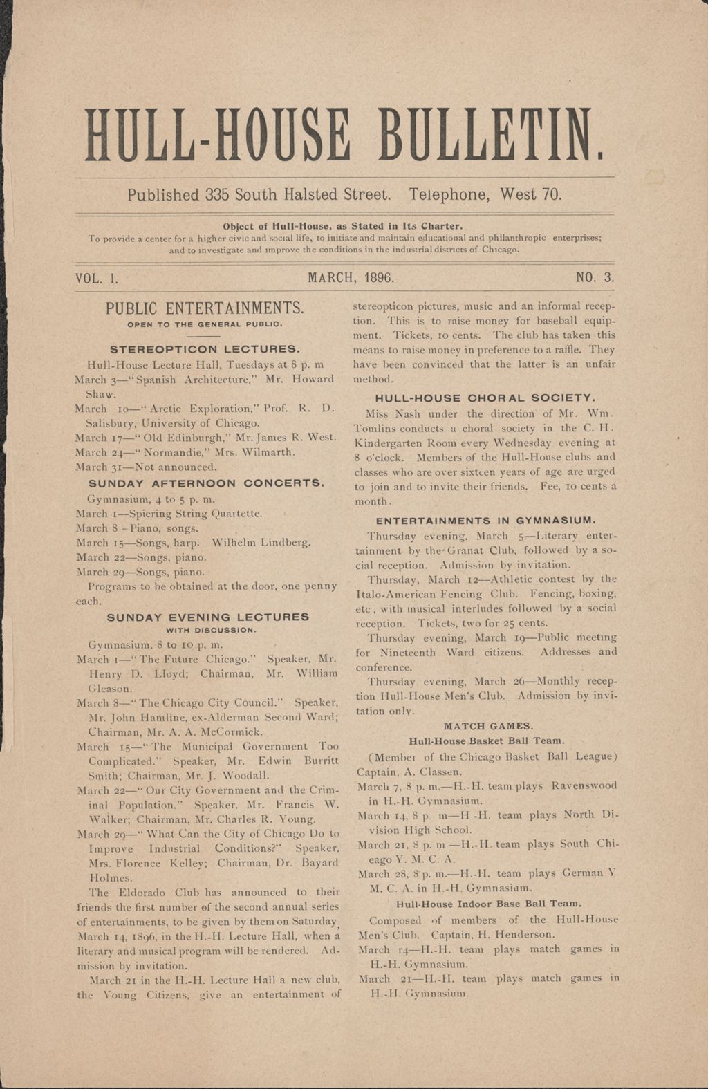 Hull-House Bulletin, vol. 1, no. 3, 1896: Mar.
