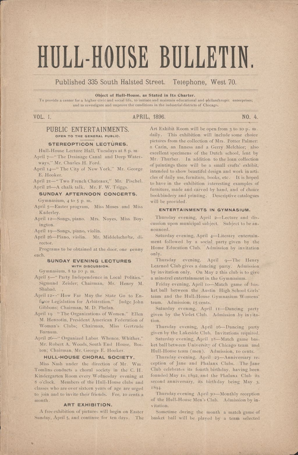 Hull-House Bulletin, vol. 1, no. 4, 1896: Apr.