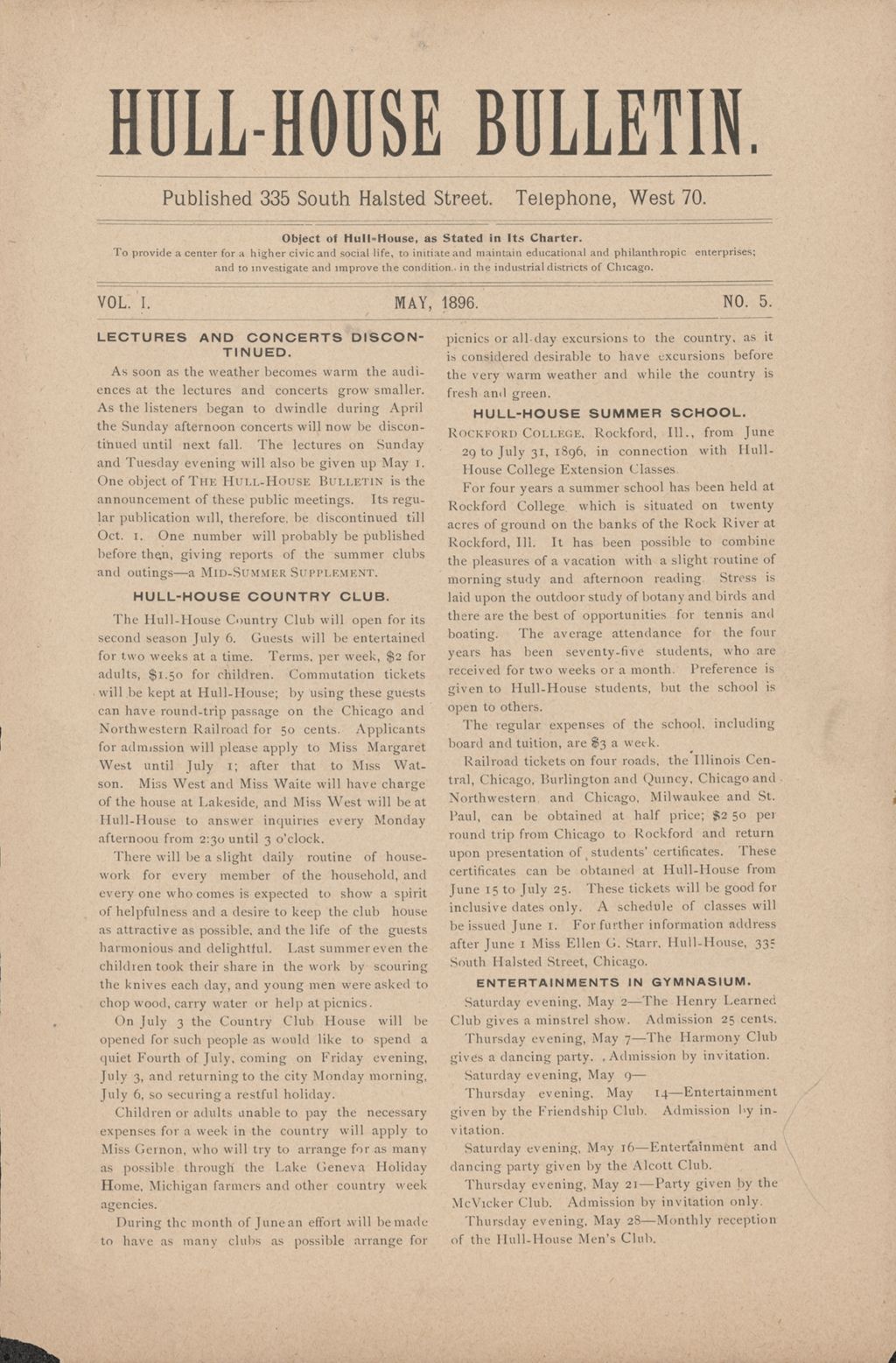 Hull-House Bulletin, vol. 1, no. 5, 1896: May