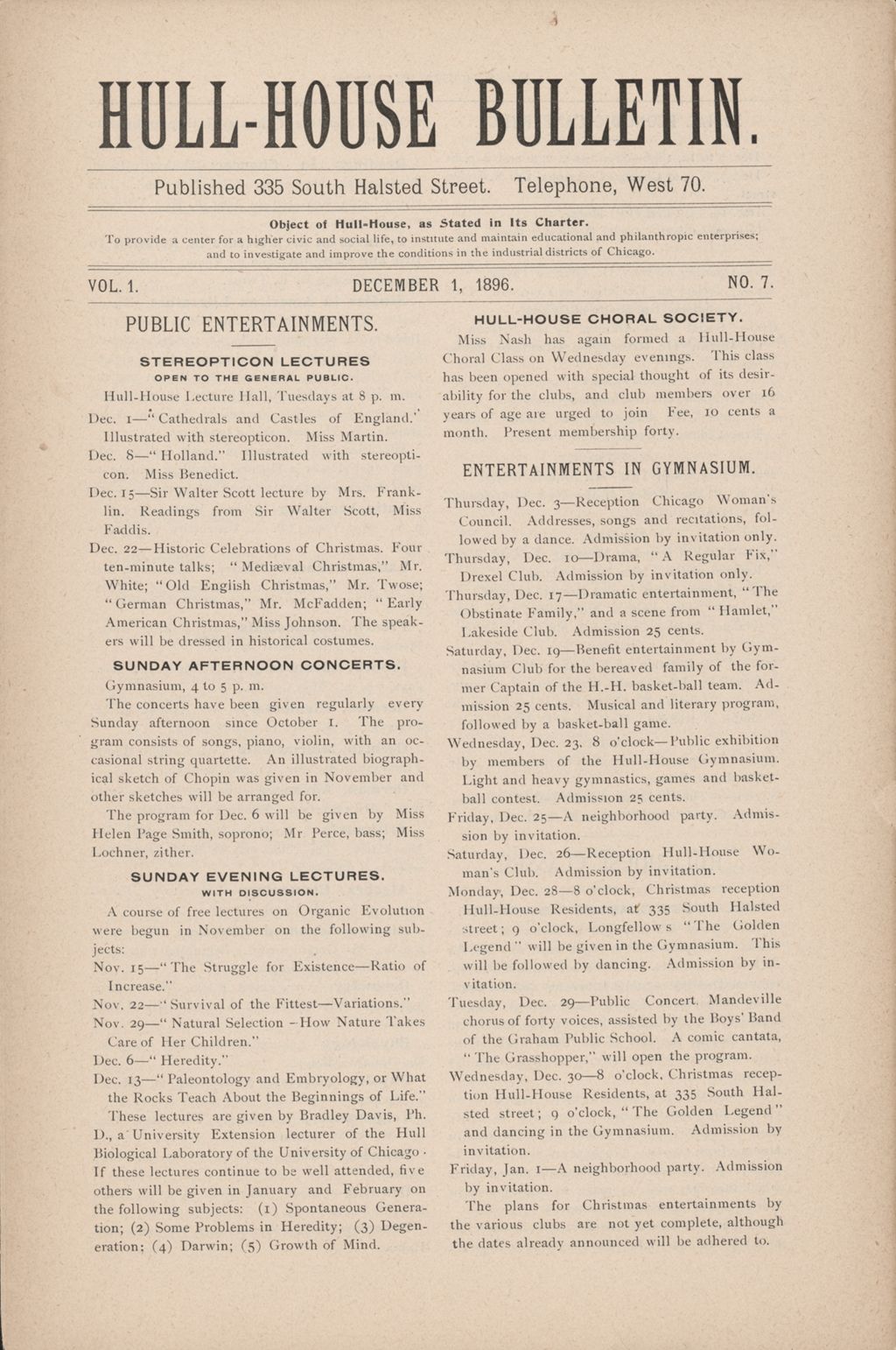 Hull-House Bulletin, vol. 1, no. 7, 1896: Dec. 1