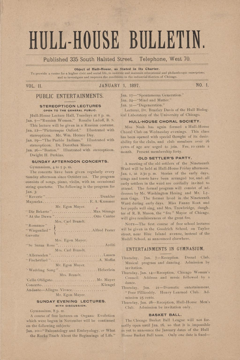 Hull-House Bulletin, vol. 2, no. 1, 1897: Jan. 1