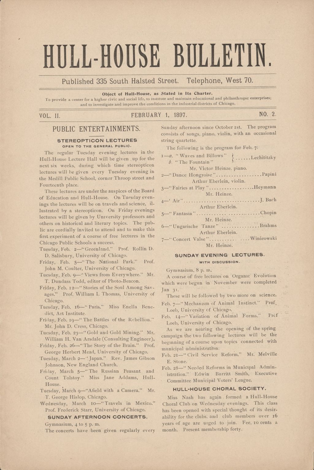 Hull-House Bulletin, vol. 2, no. 2, 1897: Feb. 1