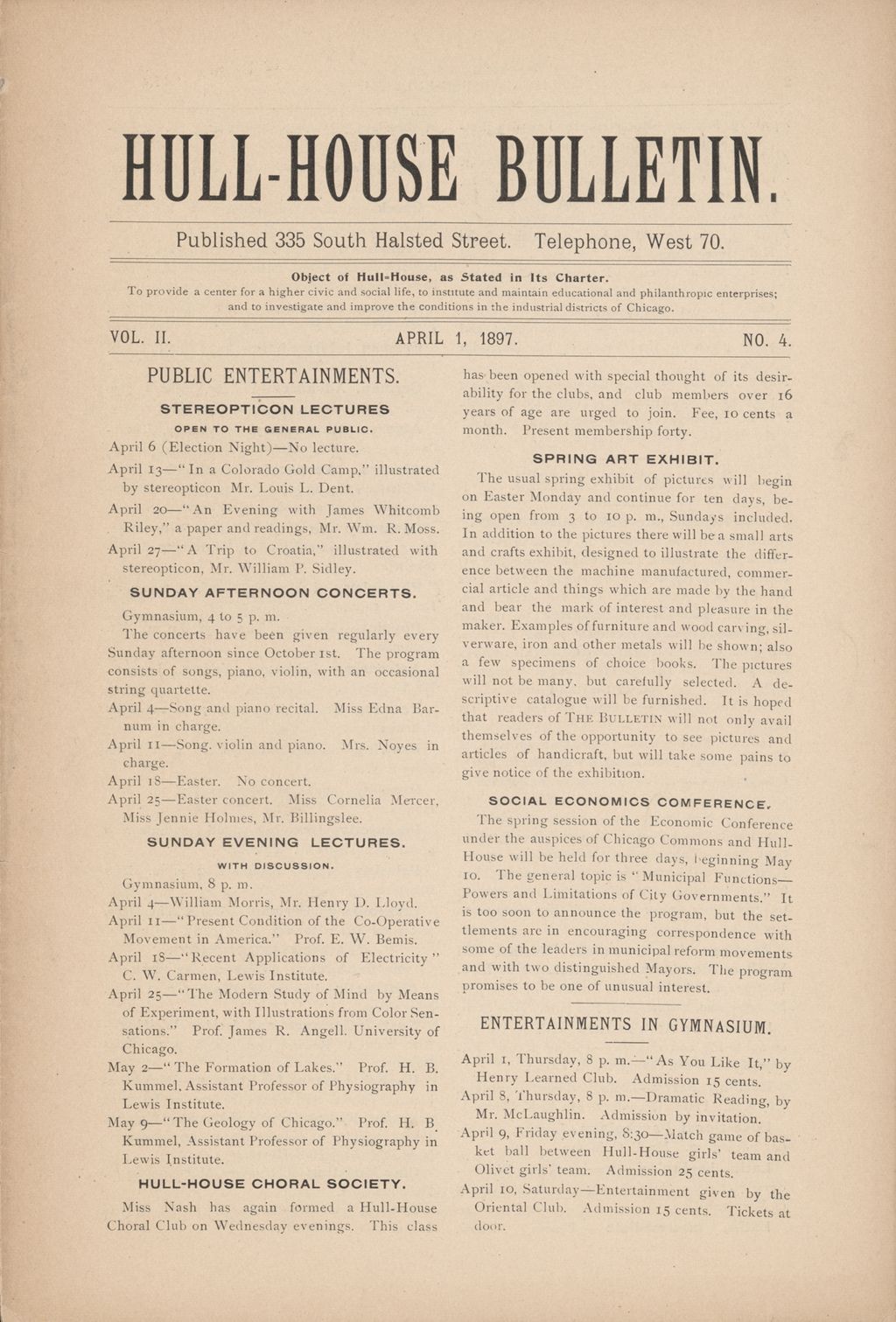 Hull-House Bulletin, vol. 2, no. 4, 1897: Apr. 1