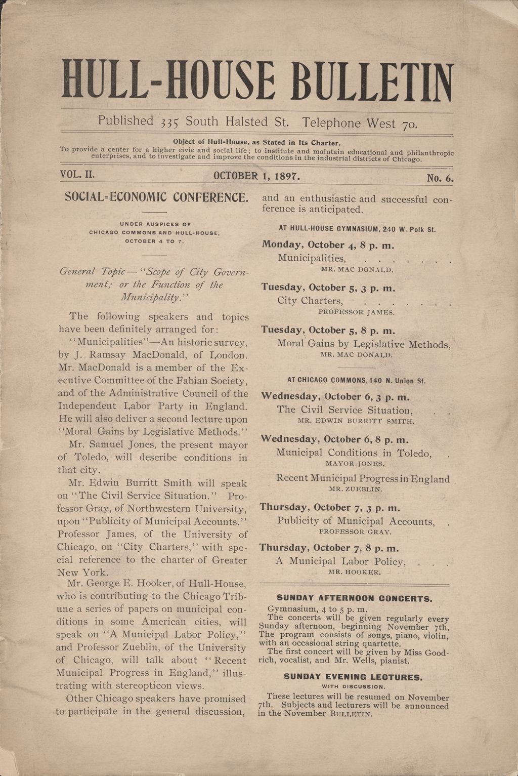 Hull-House Bulletin, vol. 2, no. 6, 1897: Oct. 1