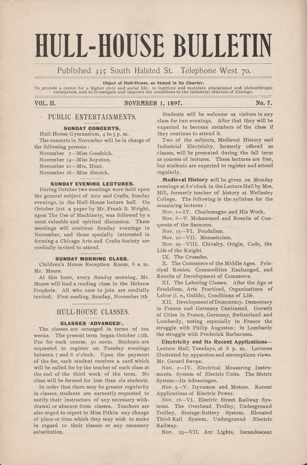 Hull-House Bulletin, vol. 2, no. 7, 1897: Nov. 1