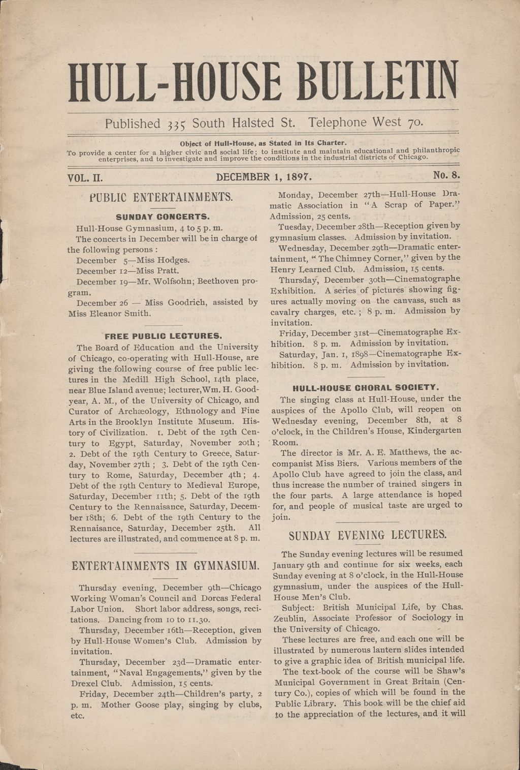 Hull-House Bulletin, vol. 2, no. 8, 1897: Dec. 1