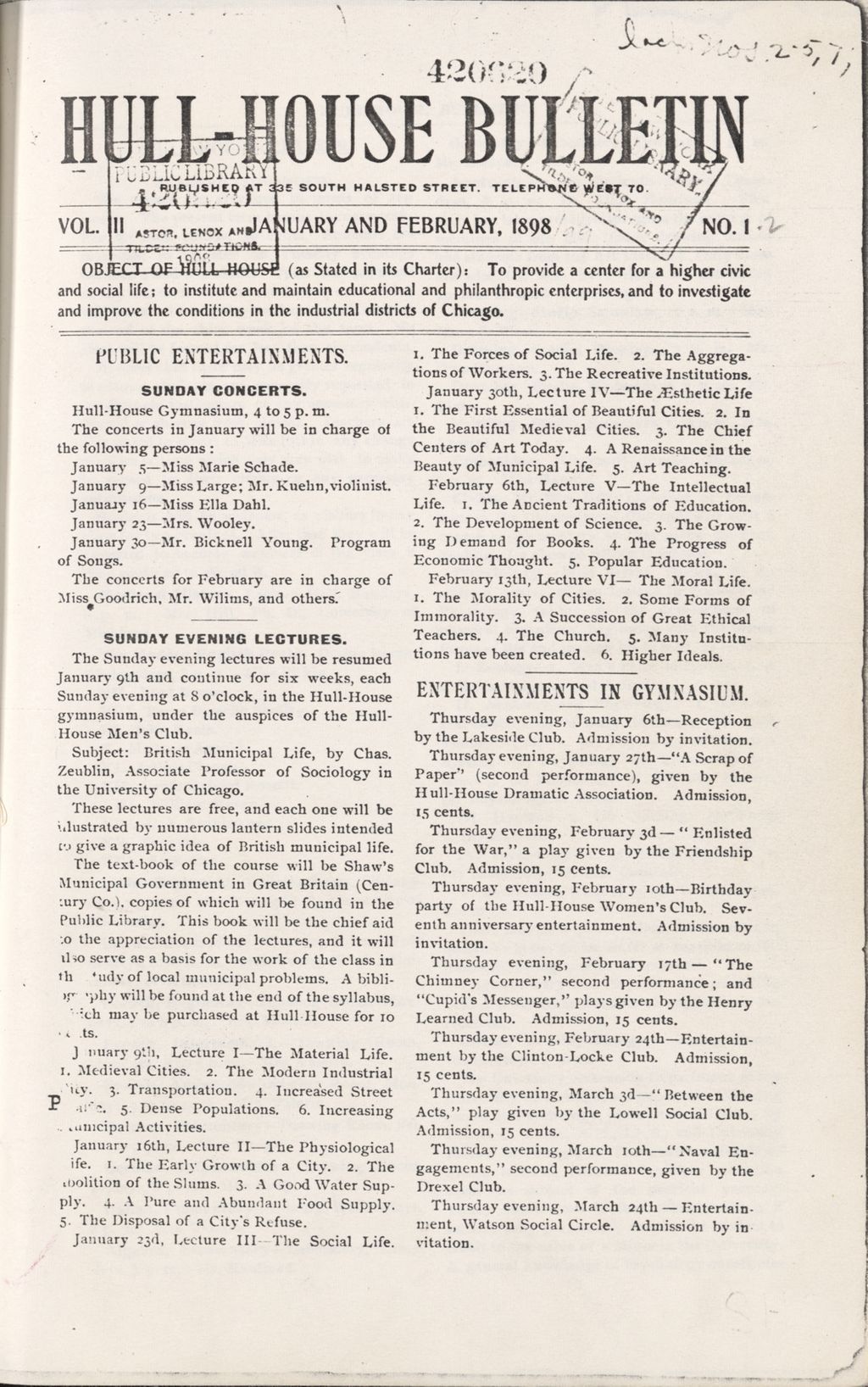 Hull-House Bulletin, vol. 3, no. 1/2 1898: Jan./Feb.