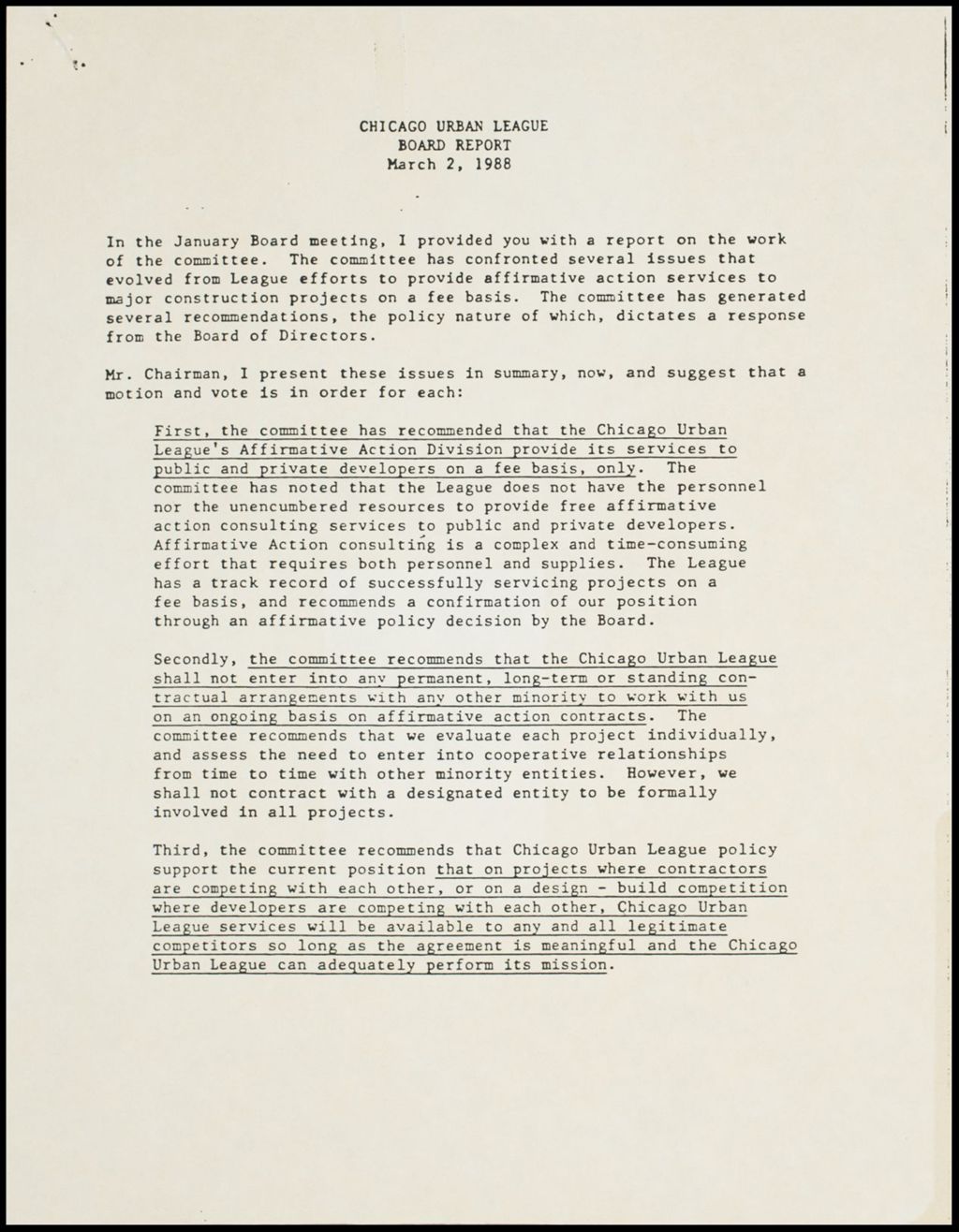 Miniature of Board meeting - affirmative action resolution, 1988 (Folder I-387)