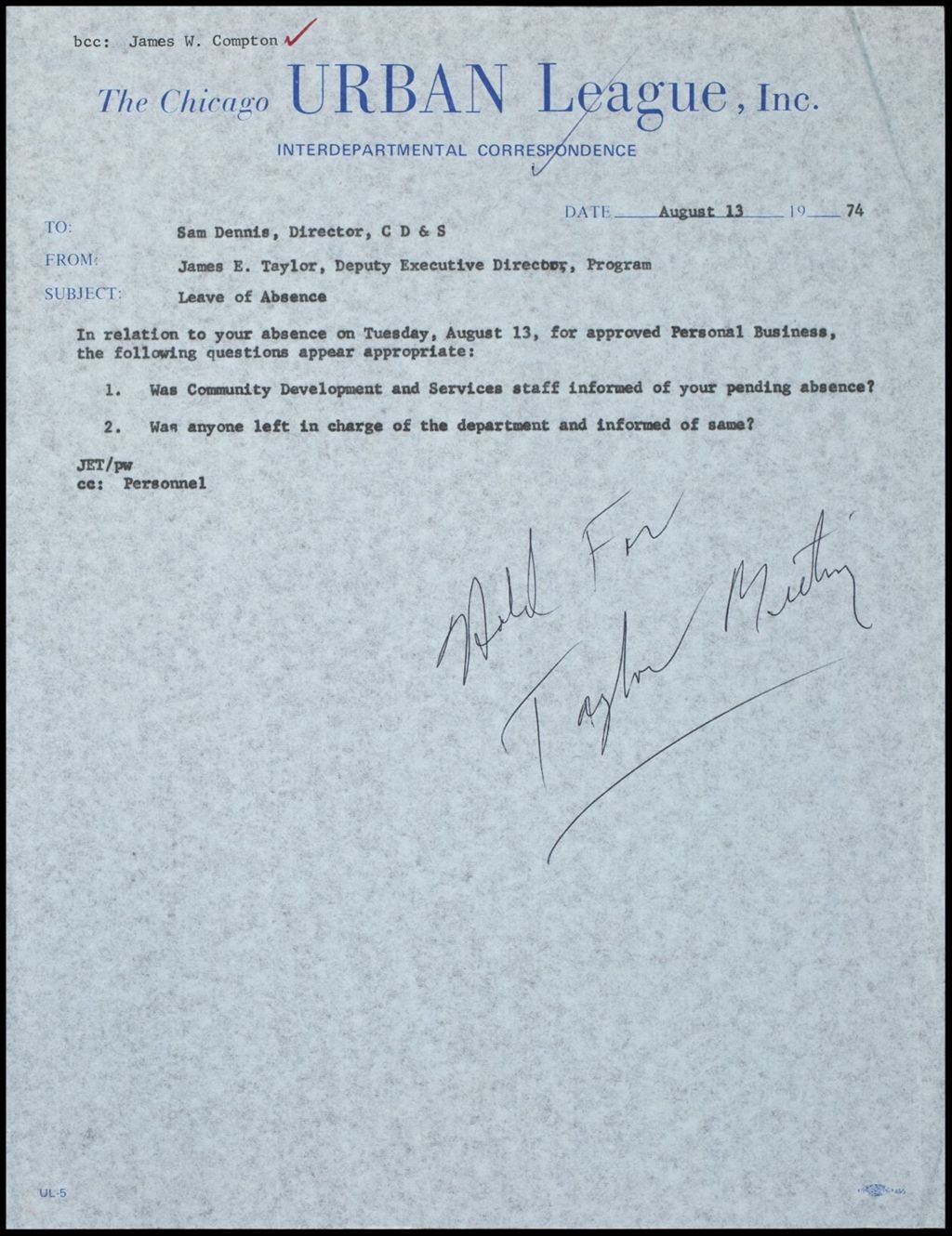 Miniature of James Compton and James Taylor correspondence, 1974 (Folder I-1944)