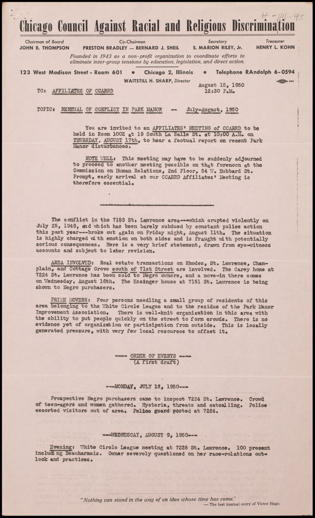 Miniature of Human Relations Department - Chicago Council Against Racial and Religious Discrimination, 1950-1954 (Folder I-2630)