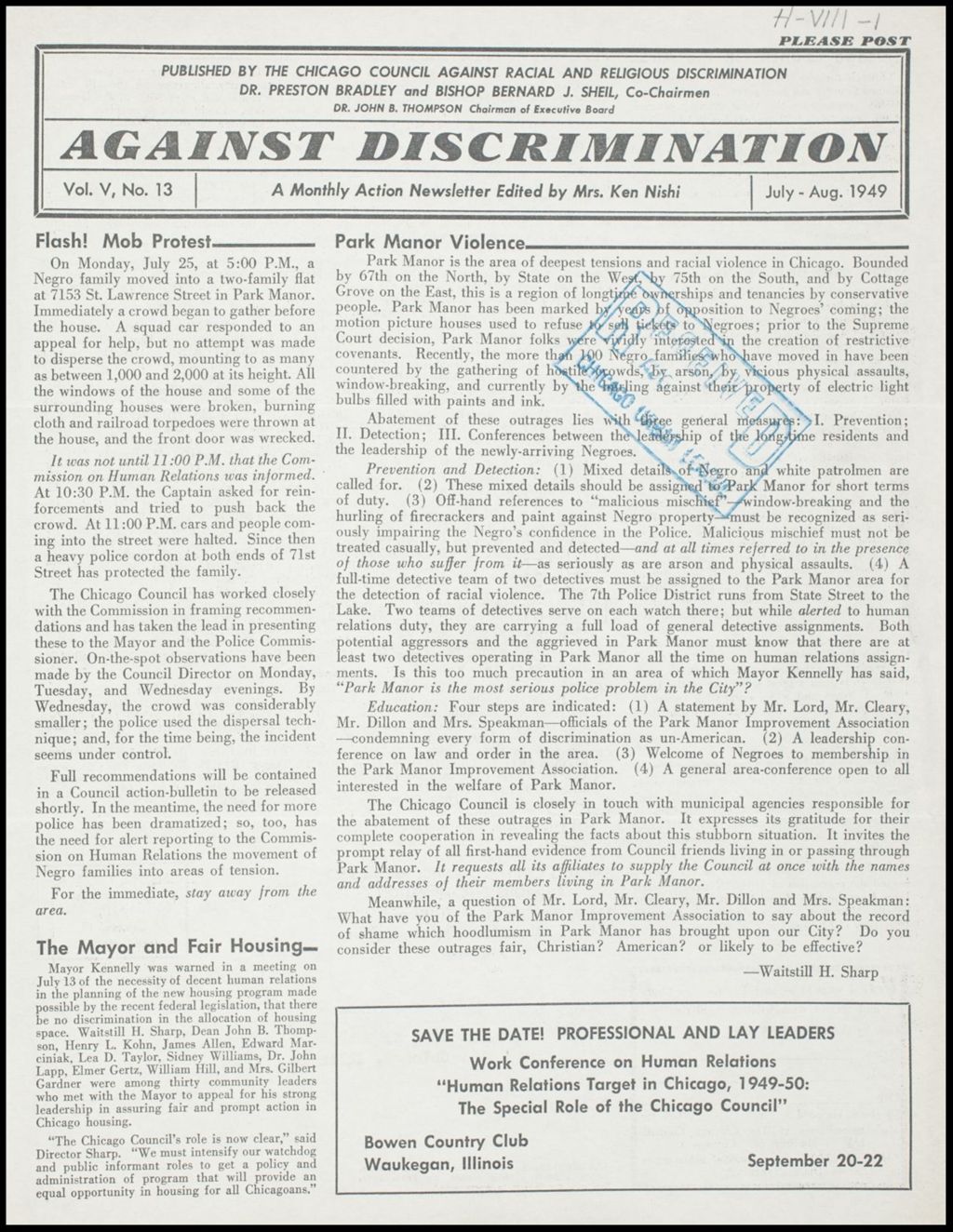 Miniature of Chicago Council Against Racial and Religious Discrimination newsletters and publications, 1949-1953 (Folder I-2639)
