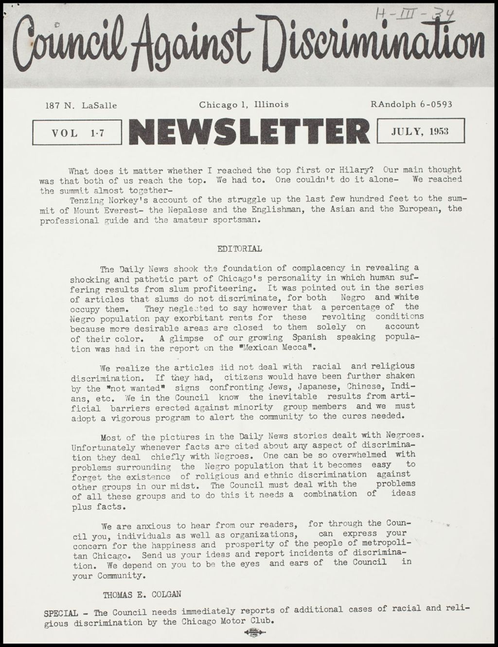 Miniature of Chicago Council Against Racial and Religious Discrimination newsletters and publications, 1953 (Folder I-2640)