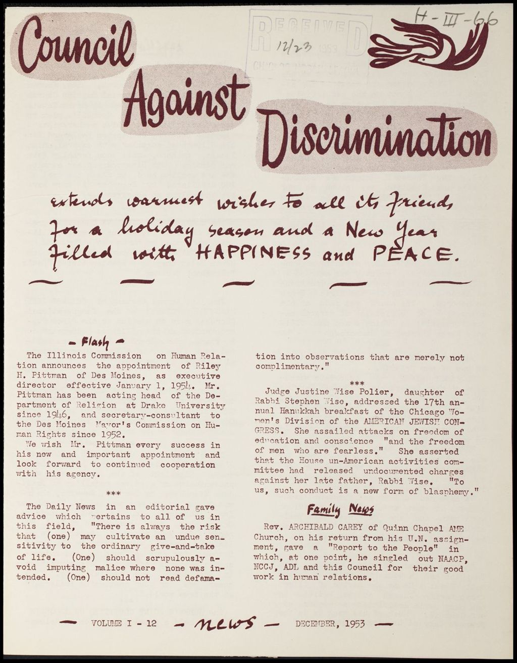Miniature of Chicago Council Against Racial and Religious Discrimination newsletters and publications, 1953-1954 (Folder I-2641)