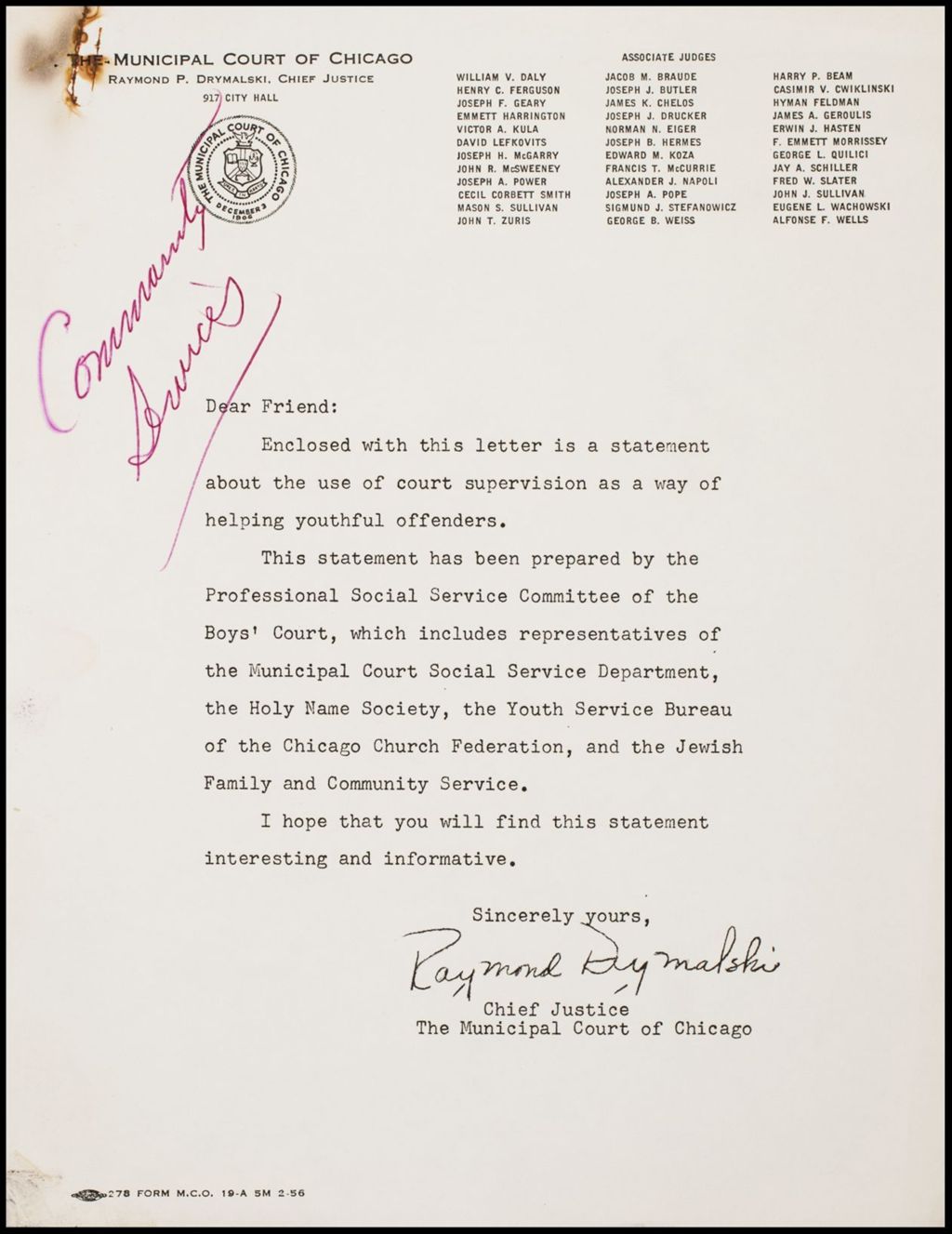 Miniature of Municipal Court of Chicago - statement on supervision in Boys' Court, 1956 (Folder I-2650)
