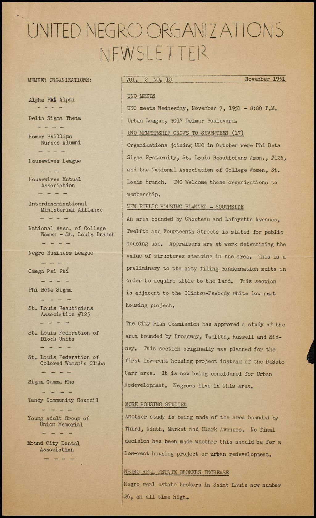 Miniature of United Negro Organizations newsletters, 1951-1952 (Folder I-2657)