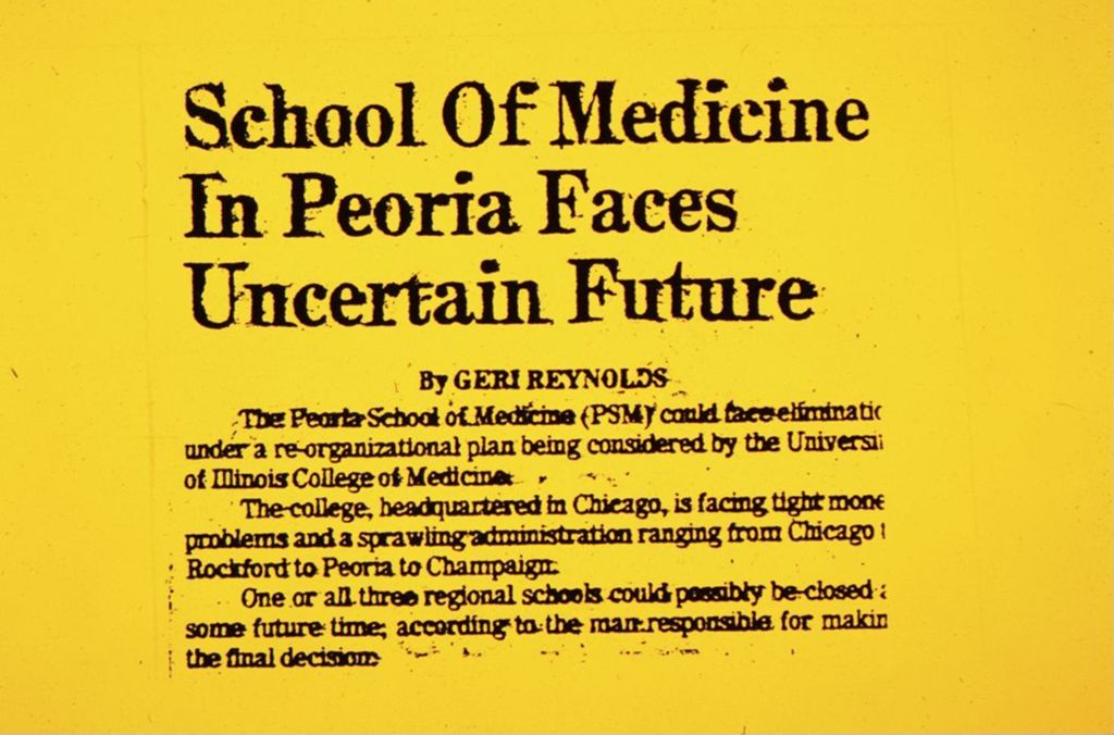 Miniature of Newspaper article School of Medicine in Peoria Faces Uncertain Future