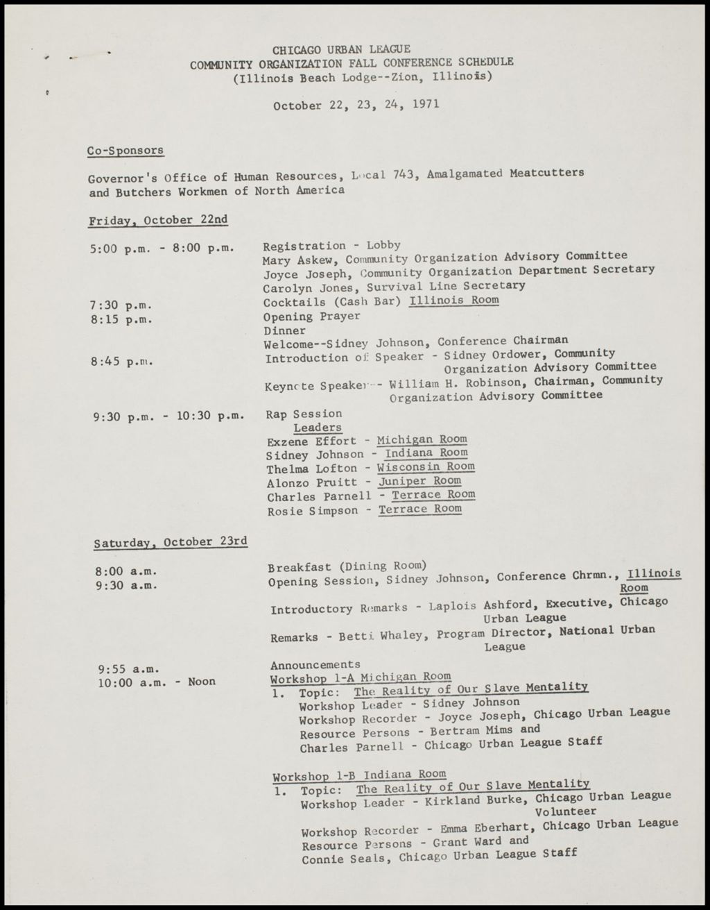 Miniature of Community Organization Fall Conference Schedule, 1971 (Folder I-3013)