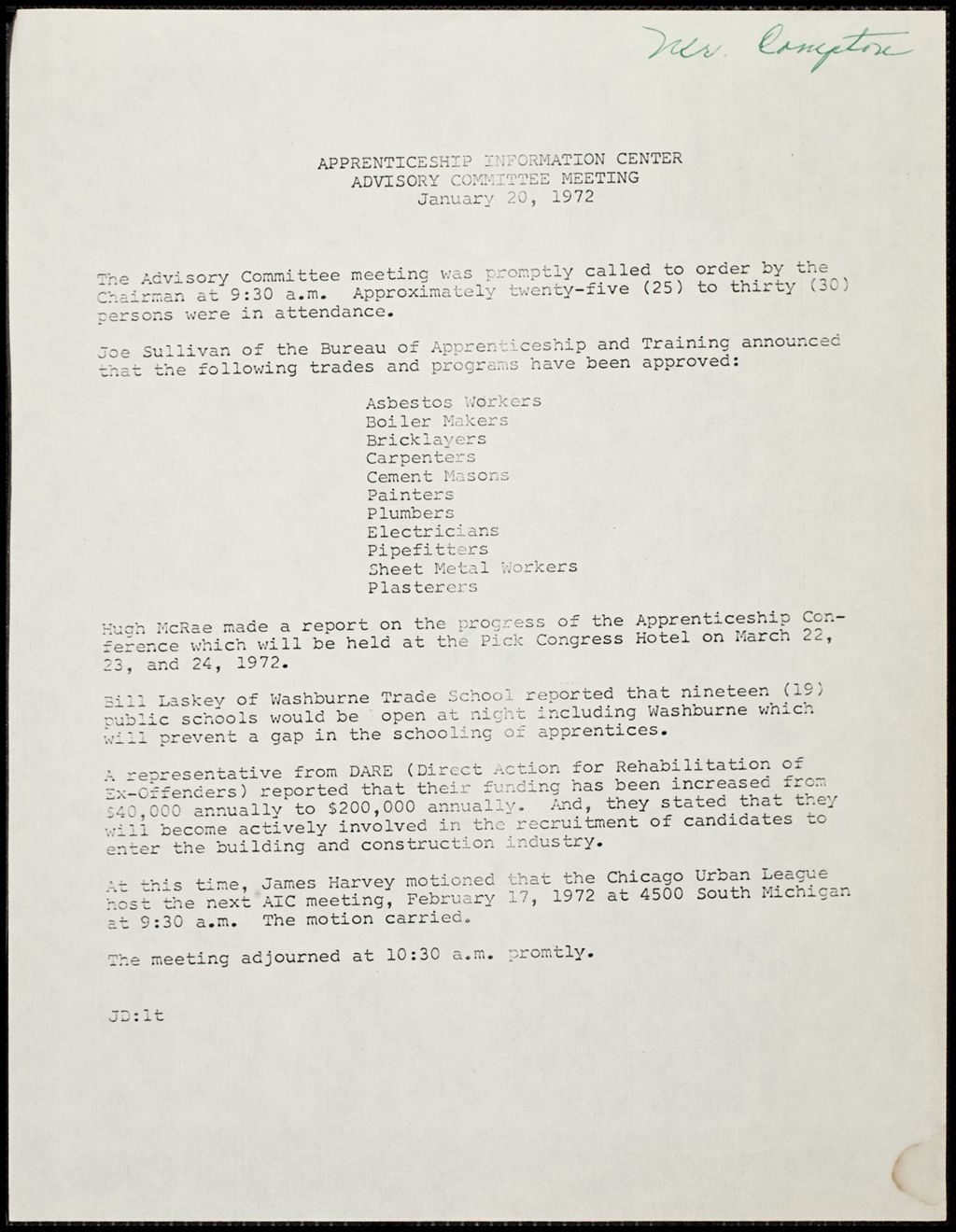 Miniature of Apprenticeship Advisory Committee minutes, 197-1972 (Folder I-3021)