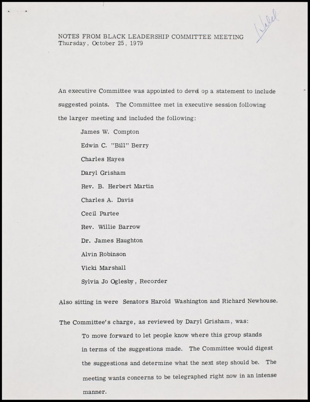 Miniature of Black Leadership Committee meeting notes, 1979 (Folder I-3189)