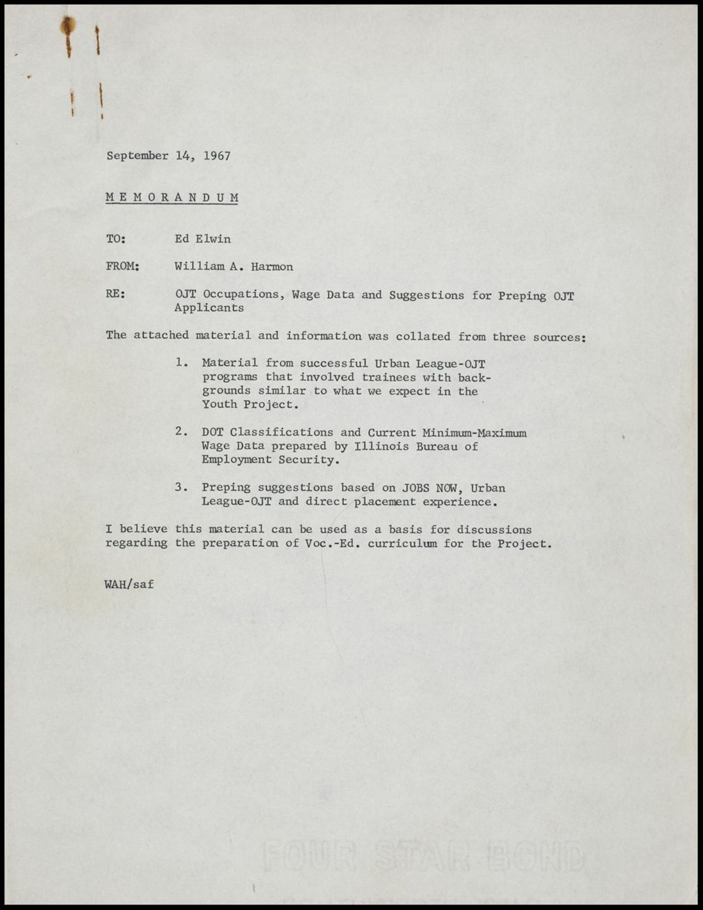 Occupations, Wage data and Suggestions for Prepping Applications, 1967 (Folder II-82)