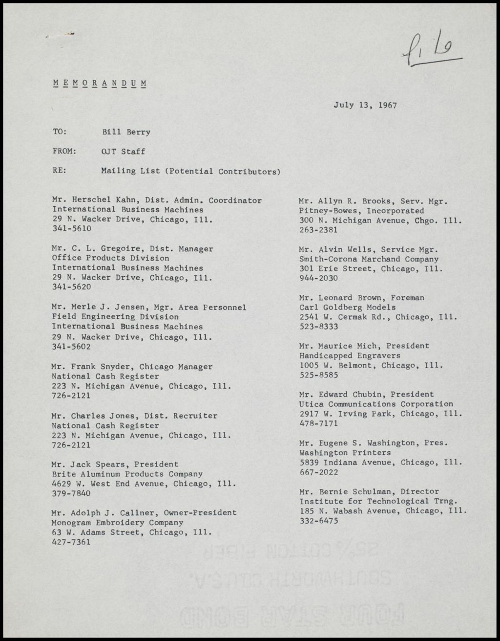 Mailing List - Potential Contributors, 1967 (Folder II-81)
