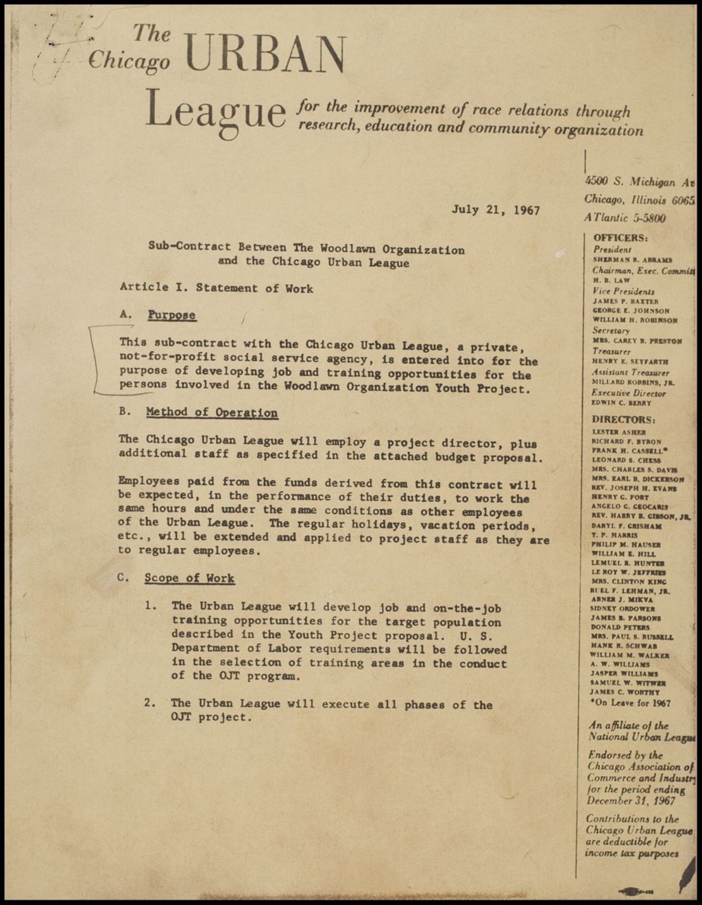Subcontract With Woodlawn Organization, 1967 (Folder II-79)