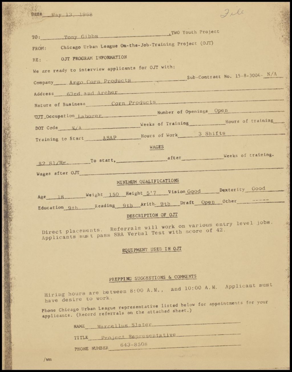 Miniature of Job Order Forms, 1968 (Folder II-201)