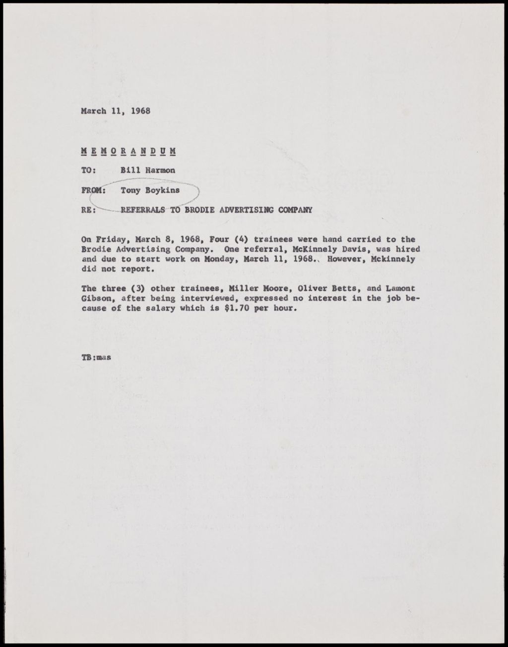 Personnel - Tony Boykins, 1968 (Folder II-199)