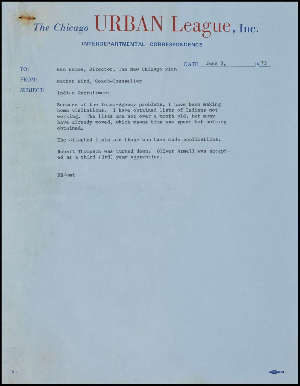 Recruitment Report, 1973 (Folder II-943)