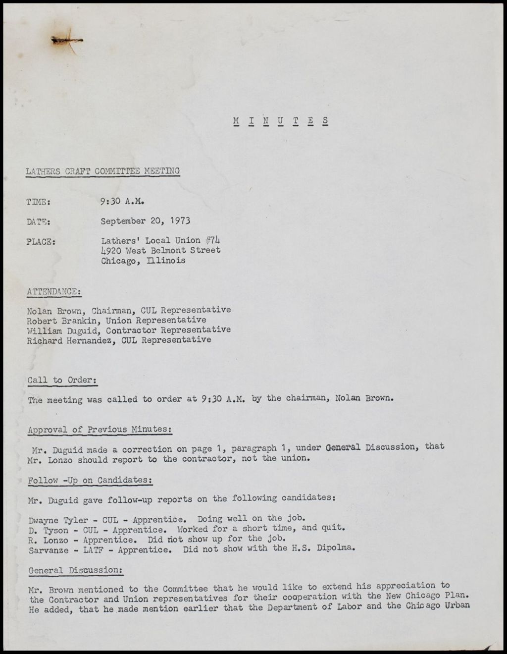 Lathers' Craft Committee Minutes, 1973 (Folder II-937)