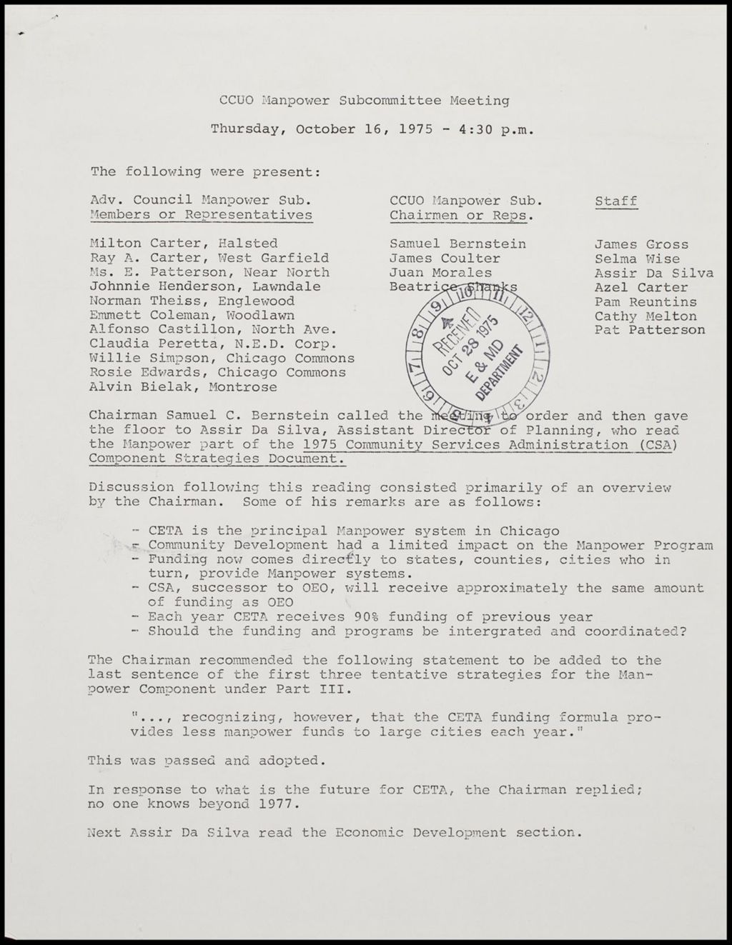 Manpower Subcommittee Meeting, undated (Folder II-1005)