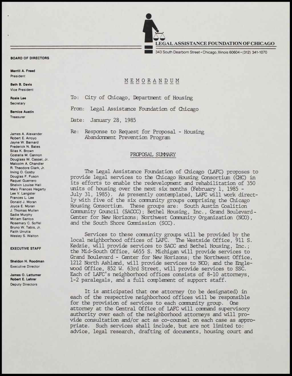 Legal Assistance Foundation of Chicago - Legal Proposal, 1985 (Folder II-1719)